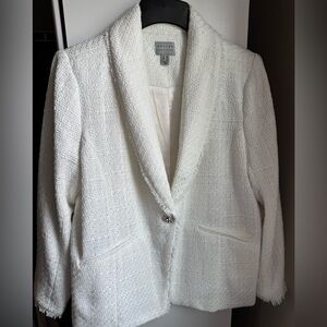 Susan Graver White Bouclé Blazer with Decorative Button